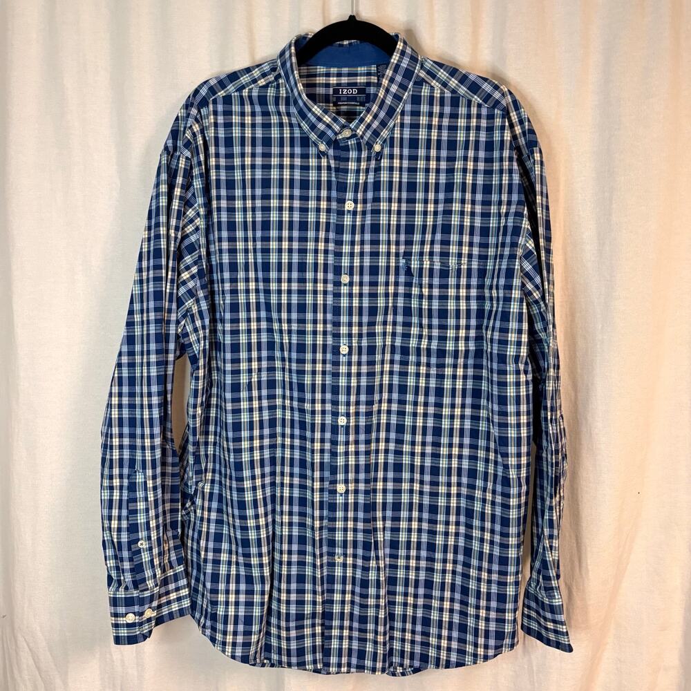 IZOD Blue Plaid Button Down Shirt XL 100% Cotton Long Sleeve Classic Fit
